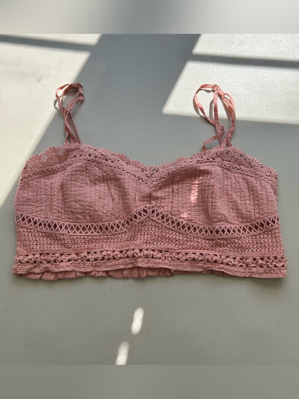 Free People Intimately Pink Lace Wireless Bralette Smocked Ruffle Straps large